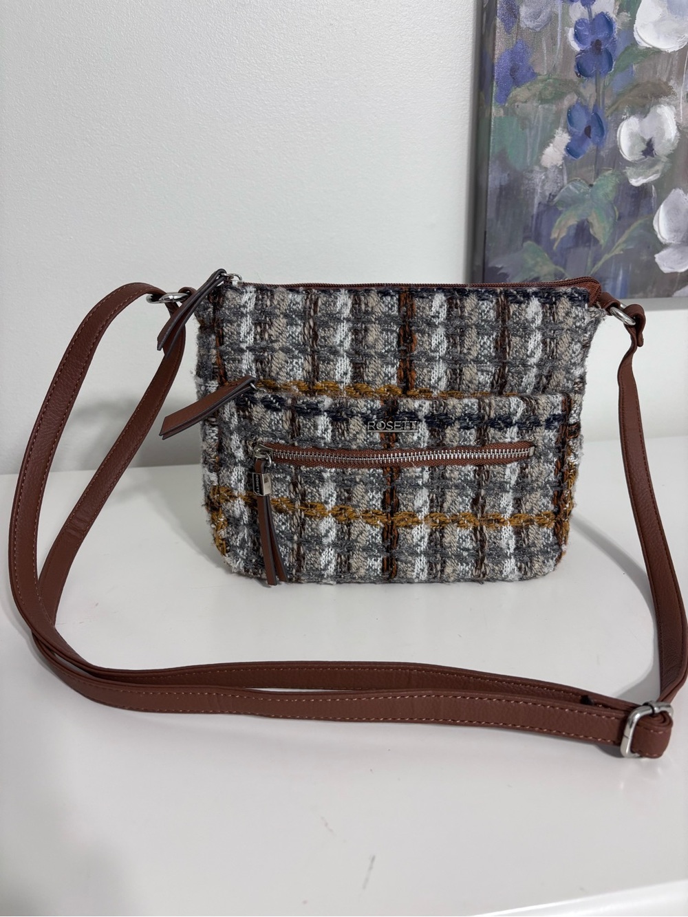 Rosetti Tweed Plaid Crossbody Bag Brown Trim Multi Pocket Small Purse